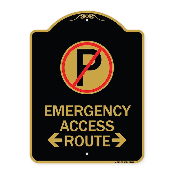 Emergency Access Route W/ Bidirectional Arrow, Black & Gold Aluminum Sign, 18" x 24", BG-1824-24111